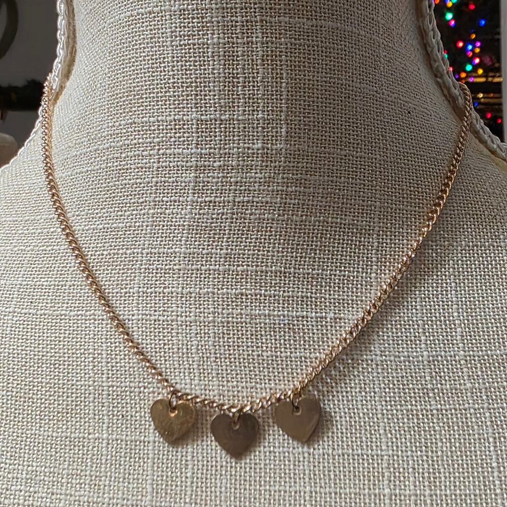 Gold Tone Necklace Three Heart Charms Dainty Layering Pendant